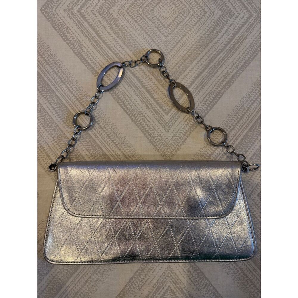 Roberto Vascon Metallic Silver Quilted Clutch – Evening Bag with Chain Handle